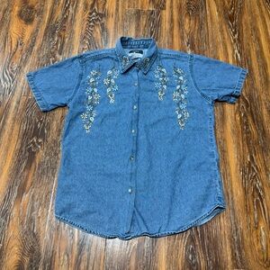 Women's M Denim Vintage Floral Embroidery Blue Shirt Top Sara Studio Cotton boho